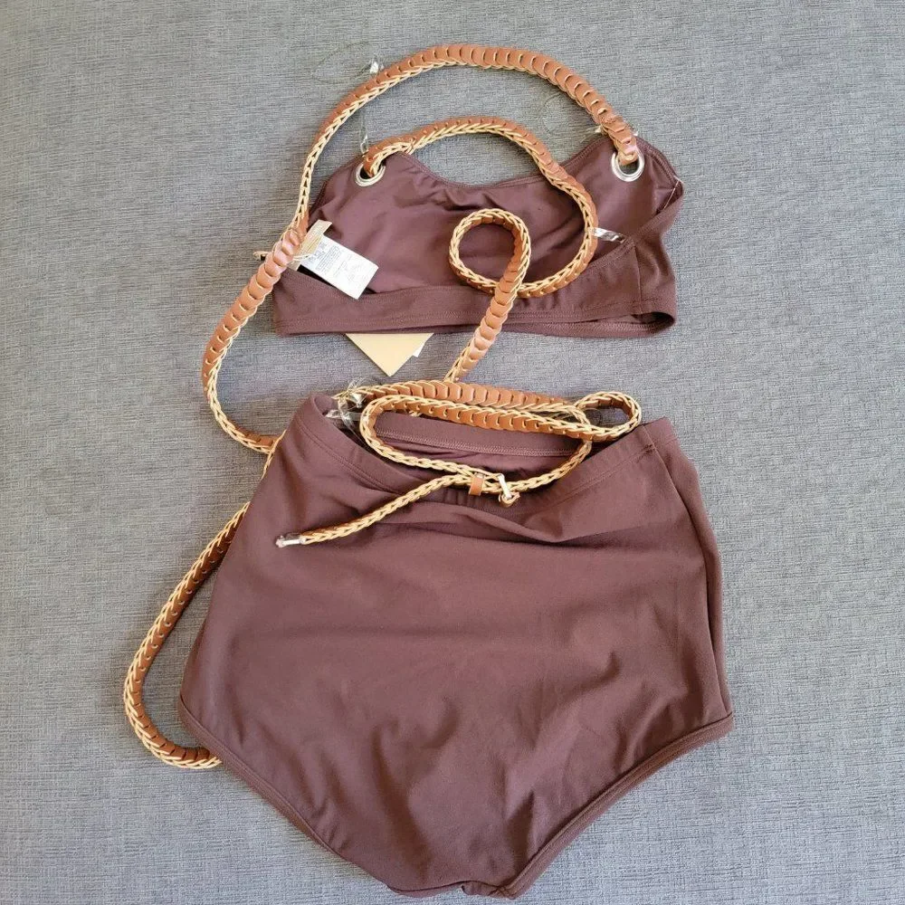 Michael Kors Women Brown Collection Swimsuit Crepe Belted Bikini Set Siz…